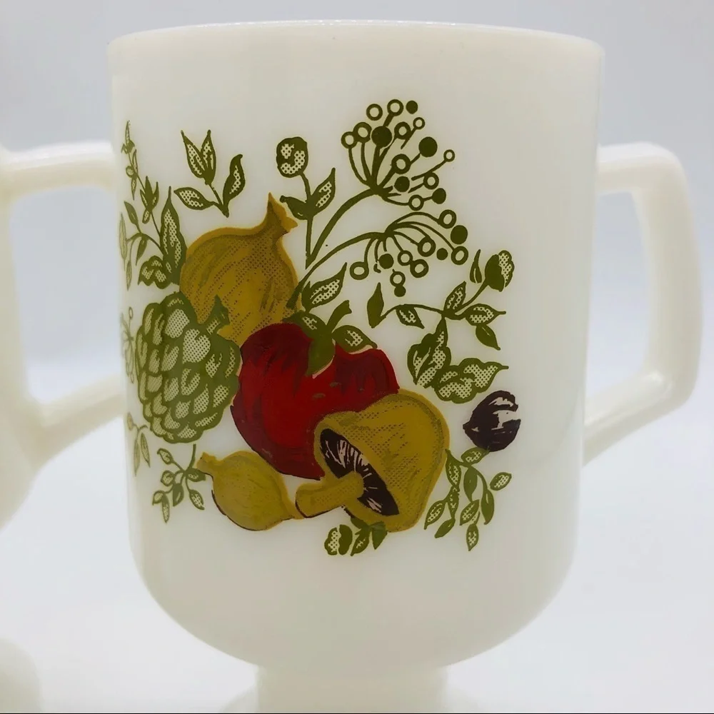 RETRO MUSHROOM PEDESTAL MILK GLASS COFFEE MUGS - SET OF 2